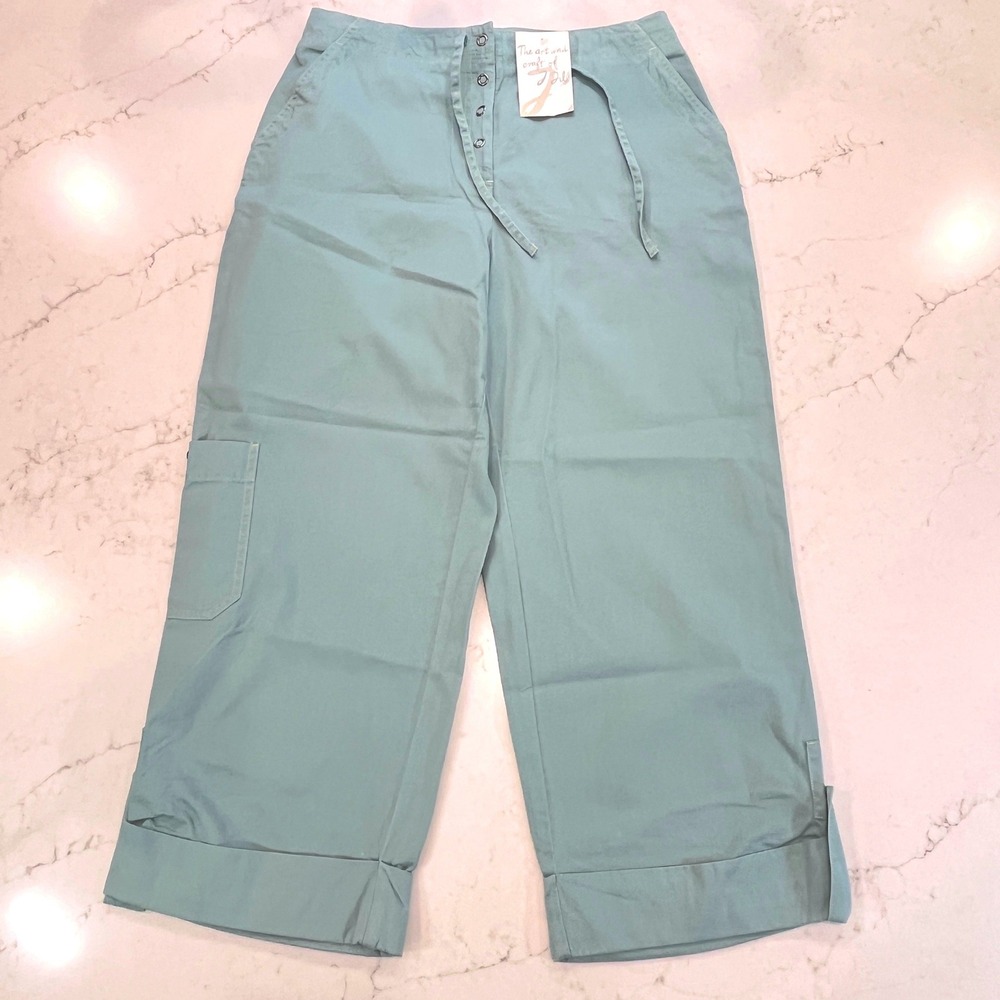 J Jill NEW Wide Leg Crop Cargo Pants Womens 10 Teal Cotton Drawstring Cuffed